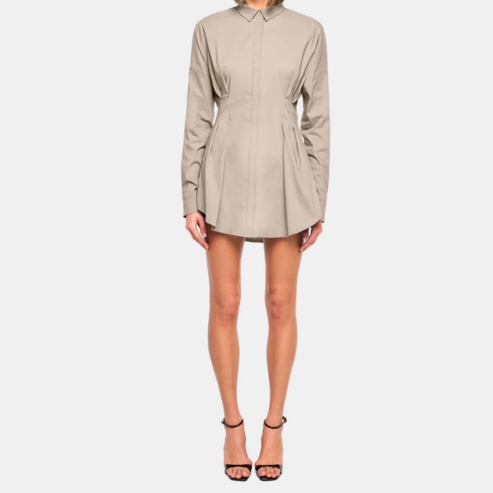 Ella OW Beige Shirt Dress with Pleated Waist